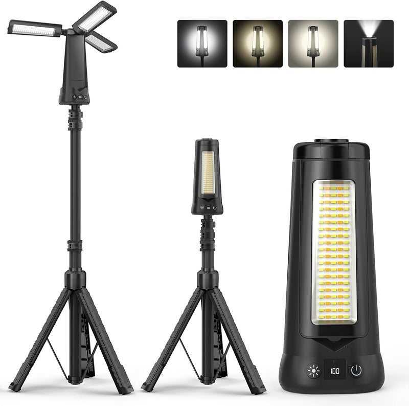 Dimgogo Rechargeable Camping Light with Stand 7 ft Max Height, 15000mAh Portable Cordless LED Work Light, 5500 Lumen 6500/4500/3500K Dimmable Emergency Flashlight with Detachable Tripod, Black - Image 1